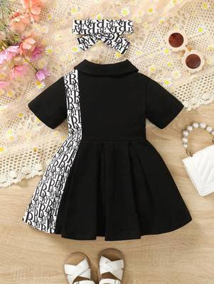 Black printed cotton blend fit & flare kids dress 2