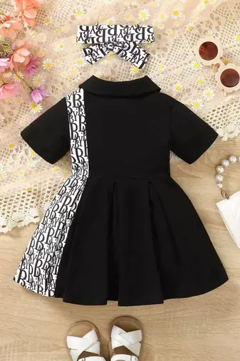 Black printed cotton blend fit & flare kids dress
