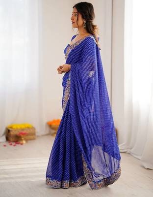 blue faux georgette bandhani printed saree with blouse 2