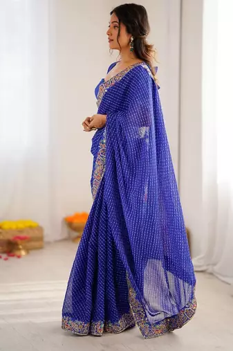 blue faux georgette bandhani printed saree with blouse