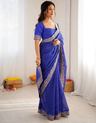 blue faux georgette bandhani printed saree with blouse 3