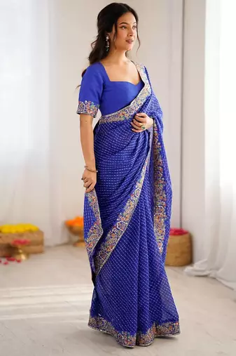 blue faux georgette bandhani printed saree with blouse
