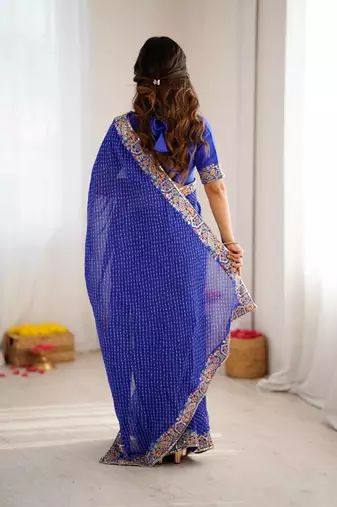 blue faux georgette bandhani printed saree with blouse