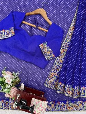 blue faux georgette bandhani printed saree with blouse 5