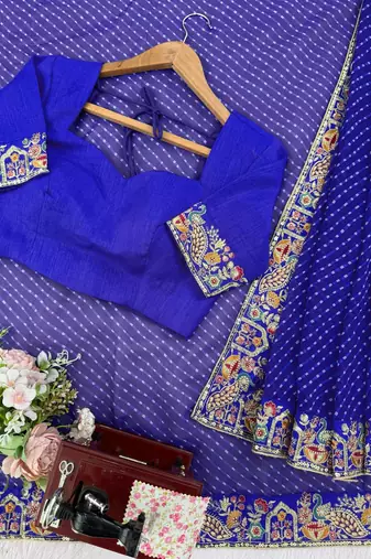 blue faux georgette bandhani printed saree with blouse