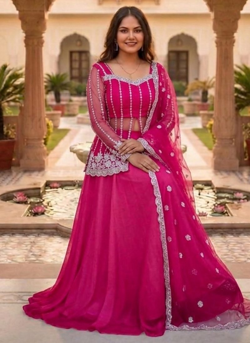 Rani Pink Color Sequence Embroidery Work Rangoli Silk Lehenga Choli Set