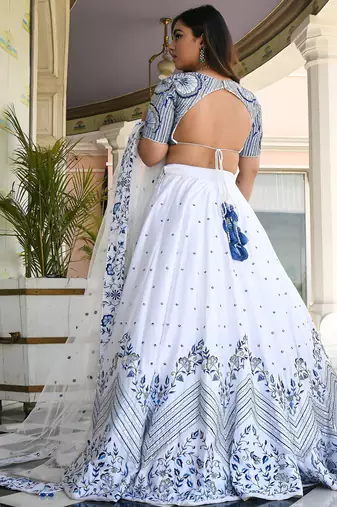 white thread work satin lehenga set choli with dupatta