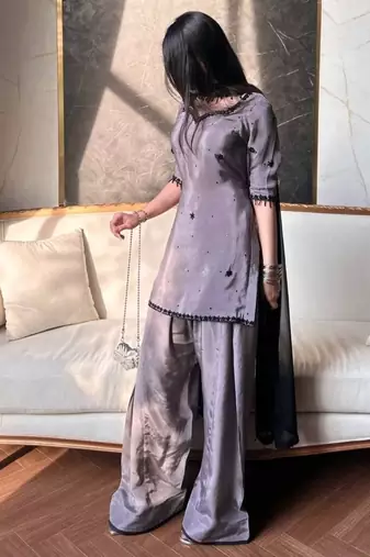 natural crepe silk suit with bids hand work