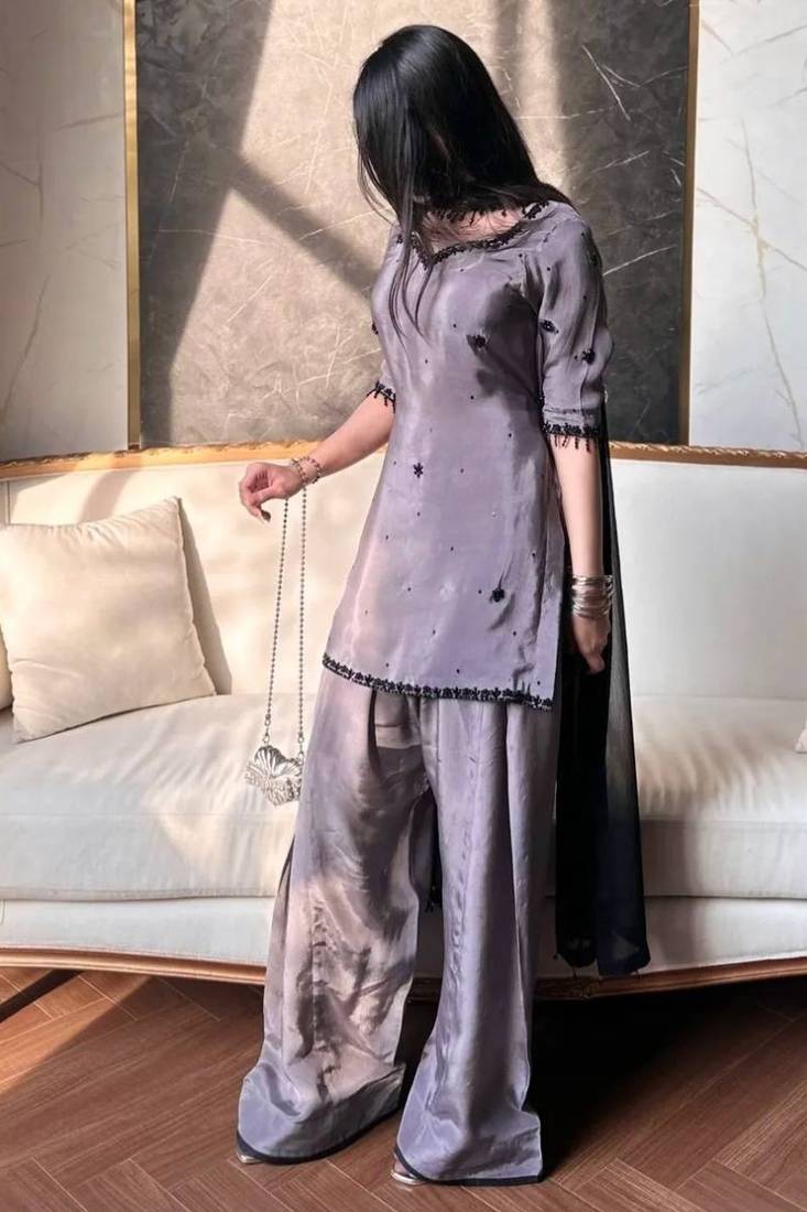 natural crepe silk suit with bids hand work