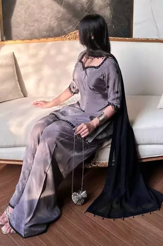 natural crepe silk suit with bids hand work