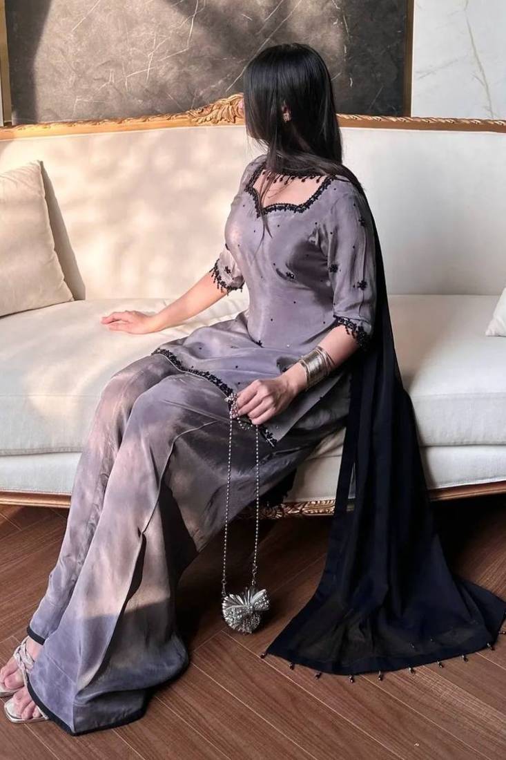 natural crepe silk suit with bids hand work
