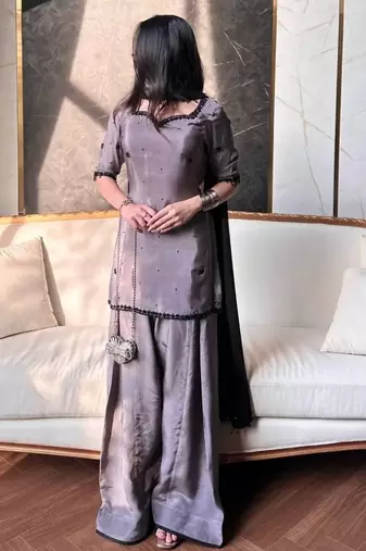 natural crepe silk suit with bids hand work
