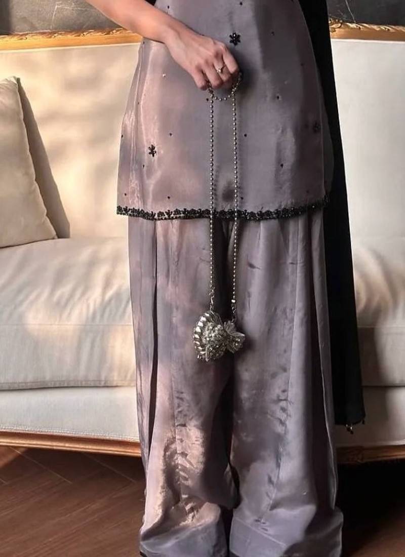 natural crepe silk suit with bids hand work