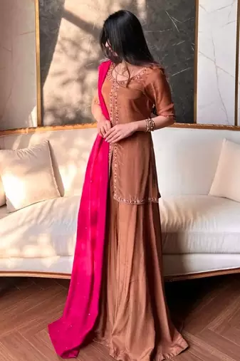 Heavy natural crepe silk sharara set with multi-needle work