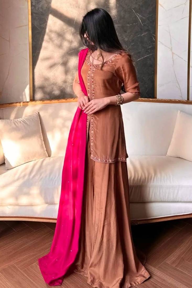 Heavy natural crepe silk sharara set with multi-needle work