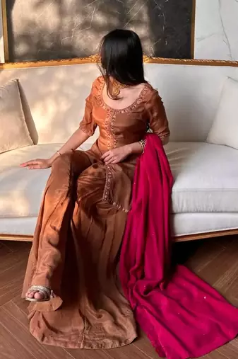 Heavy natural crepe silk sharara set with multi-needle work