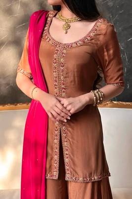 Heavy natural crepe silk sharara set with multi-needle work 3