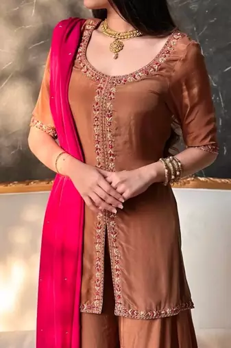 Heavy natural crepe silk sharara set with multi-needle work