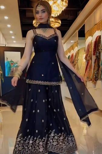 Pure frendy silk top & sharara set with zari & 5mm sequins