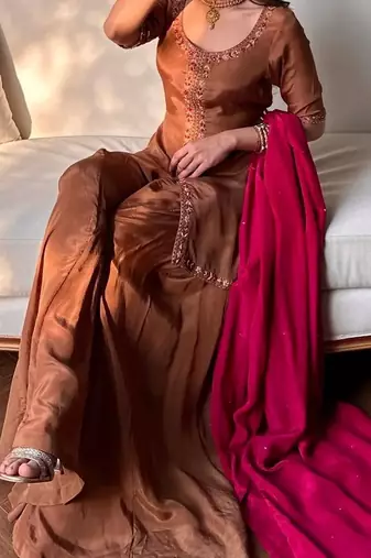 Heavy natural crepe silk sharara set with multi-needle work