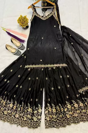 Pure frendy silk top & sharara set with zari & 5mm sequins