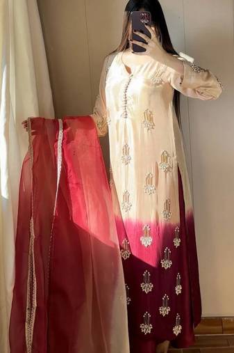 Pure chinnon silk top & palazzo with real bids & moti work
