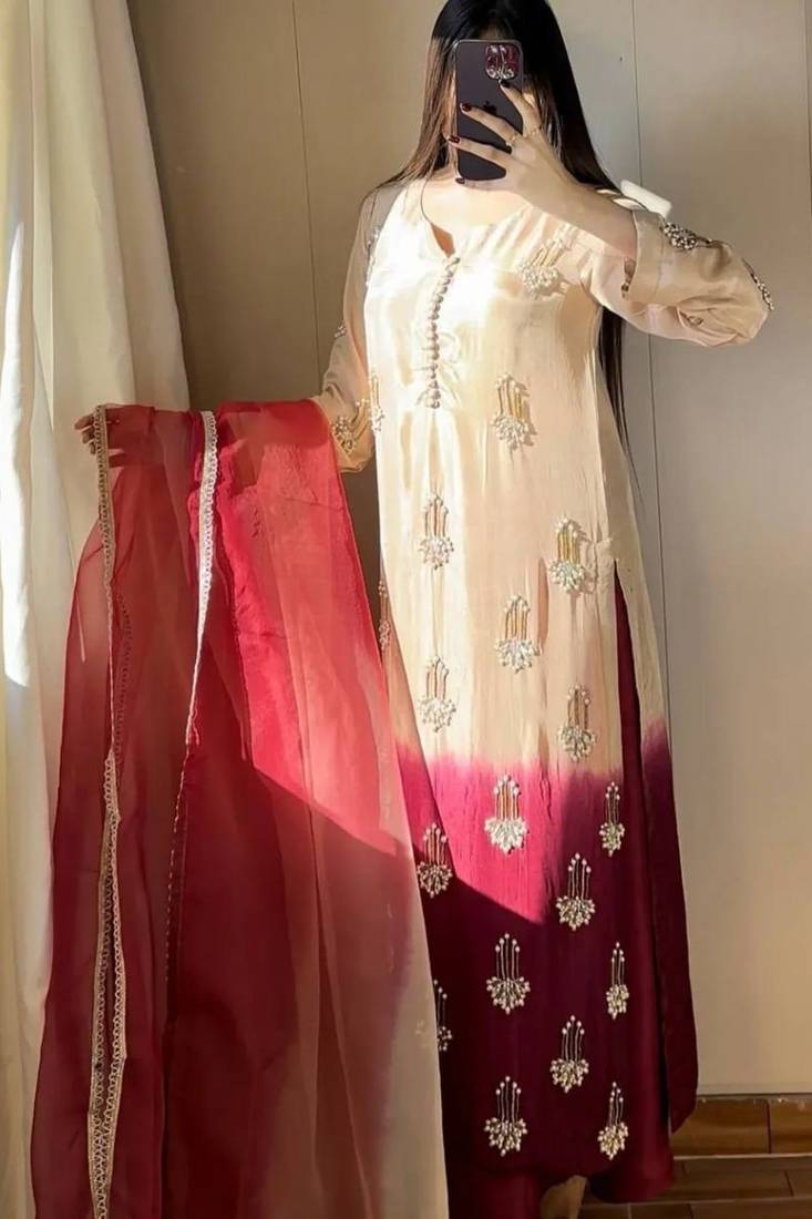 Pure chinnon silk top & palazzo with real bids & moti work