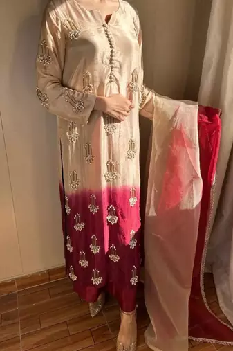 Pure chinnon silk top & palazzo with real bids & moti work
