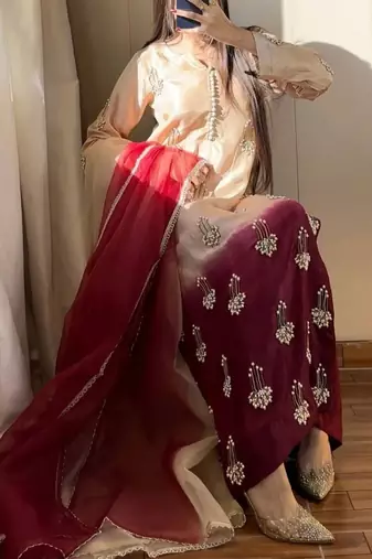 Pure chinnon silk top & palazzo with real bids & moti work