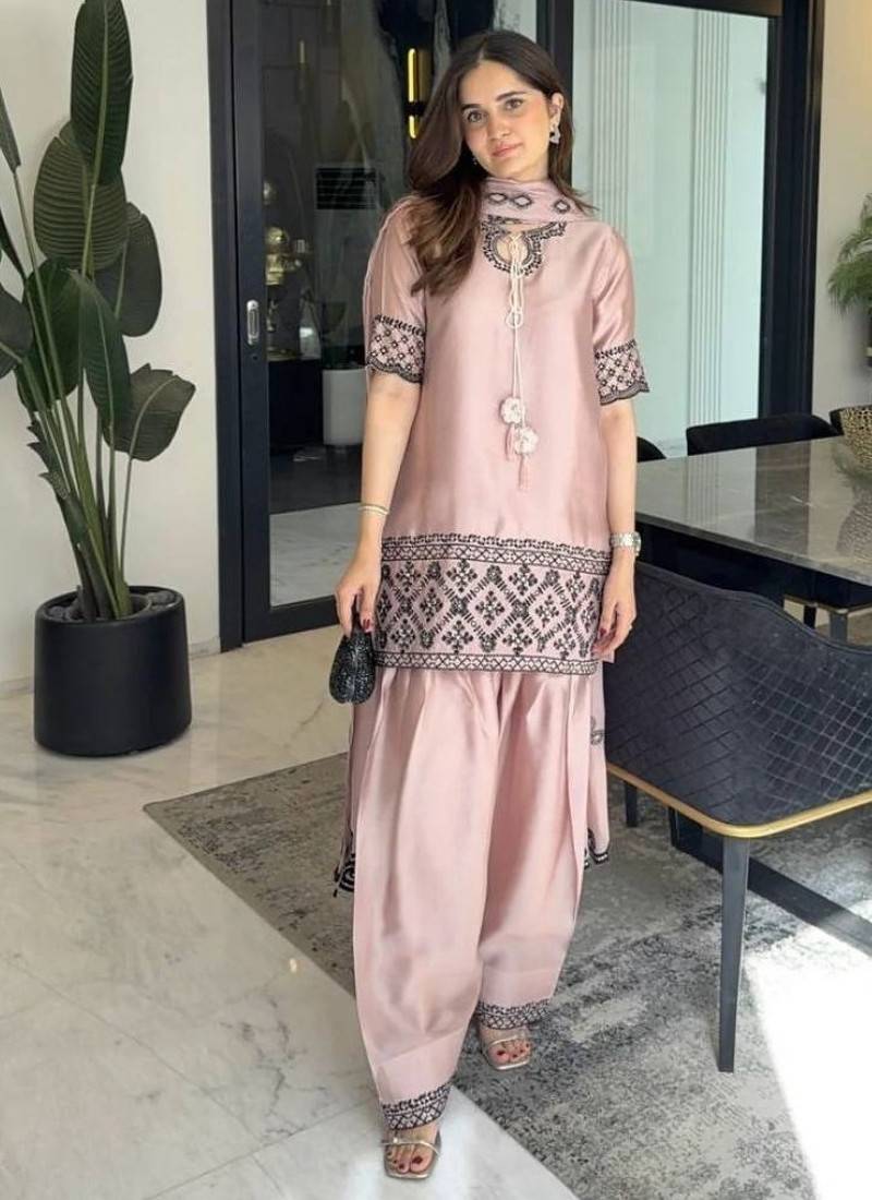Natural crepe silk suit with embroidery & tabby organza dupatta
