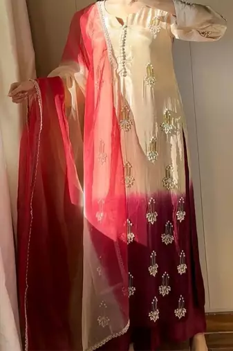 Pure chinnon silk top & palazzo with real bids & moti work