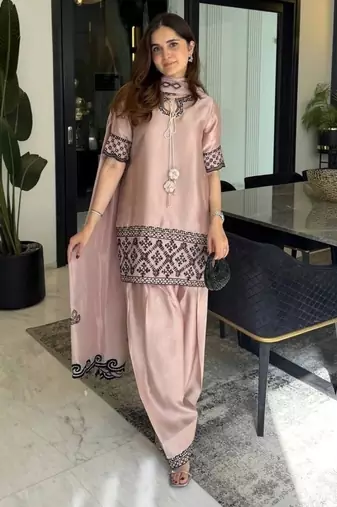 Natural crepe silk suit with embroidery & tabby organza dupatta