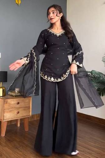Heavy natural crepe silk sharara set with 5mm sequins