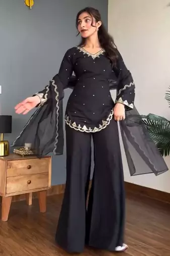 Heavy natural crepe silk sharara set with 5mm sequins