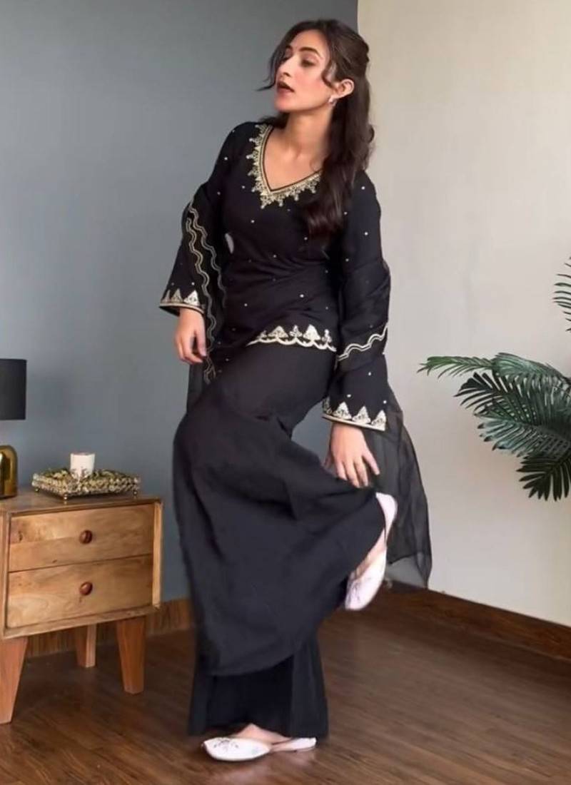Heavy natural crepe silk sharara set with 5mm sequins