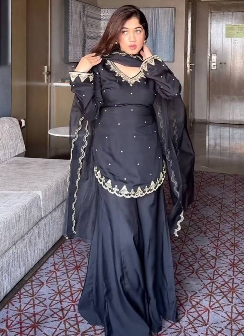 Heavy natural crepe silk sharara set with 5mm sequins