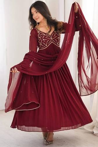 Designer faux georgette gown anarkali with bids hand work