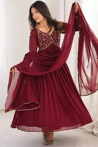 Designer faux georgette gown anarkali with bids hand work