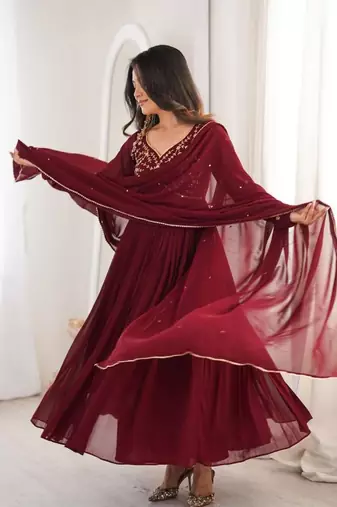 Designer faux georgette gown anarkali with bids hand work