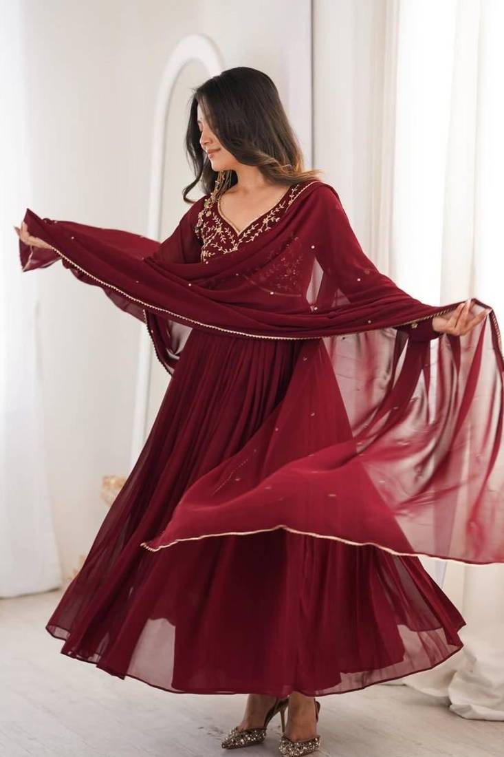 Designer faux georgette gown anarkali with bids hand work