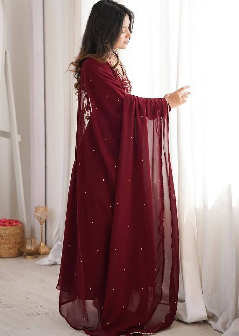 Designer faux georgette gown anarkali with bids hand work