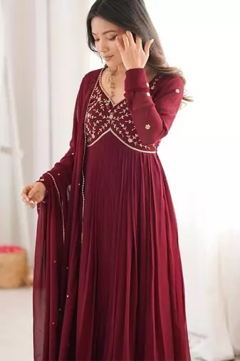 Designer faux georgette gown anarkali with bids hand work