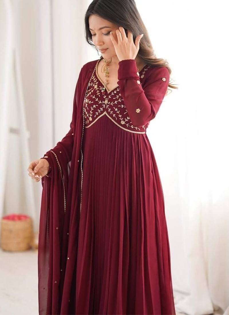 Designer faux georgette gown anarkali with bids hand work