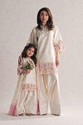 Mom-daughter combo: natural silk suit with moti hand work 1