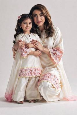 Mom-daughter combo: natural silk suit with moti hand work 2