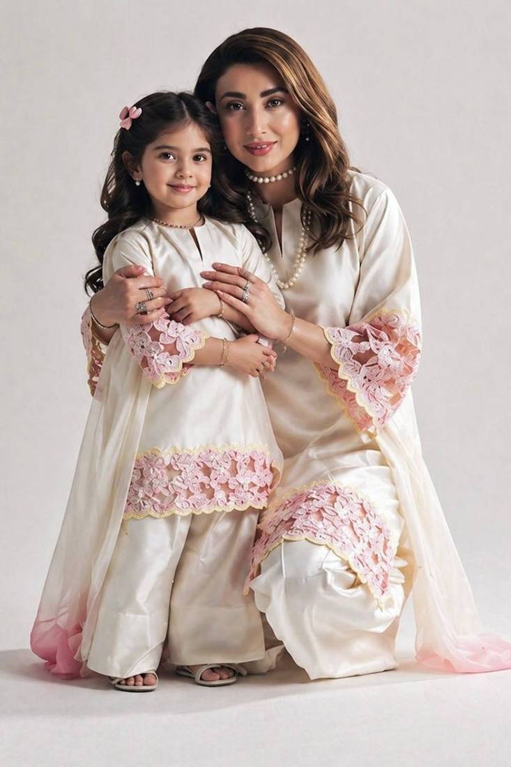 Mom-daughter combo: natural silk suit with moti hand work