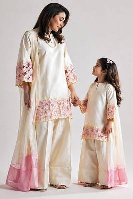 Mom-daughter combo: natural silk suit with moti hand work 3