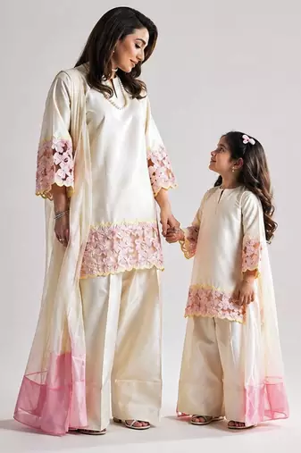 Mom-daughter combo: natural silk suit with moti hand work