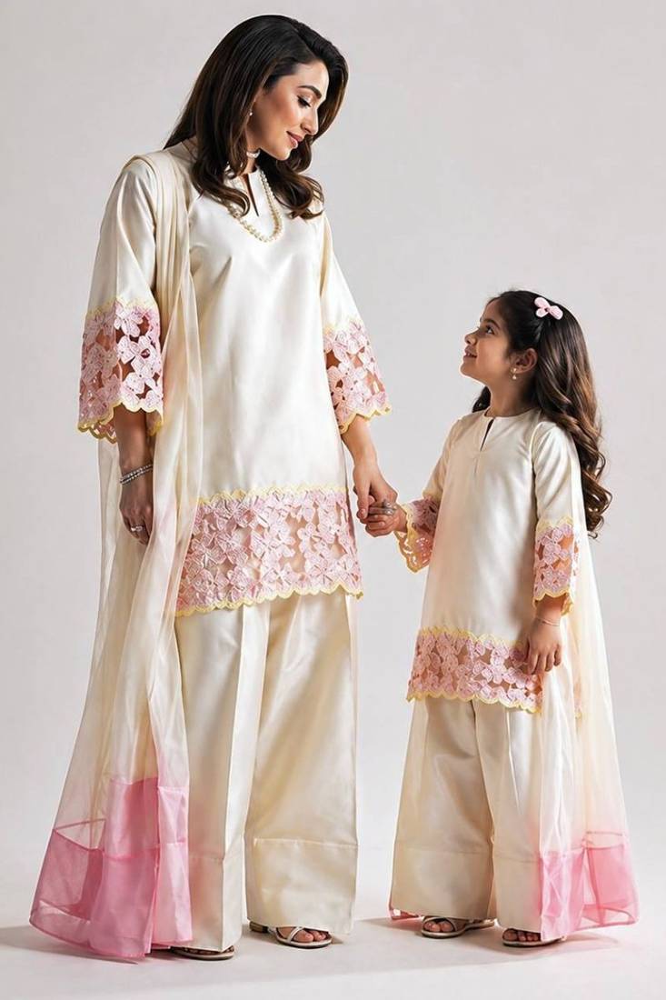Mom-daughter combo: natural silk suit with moti hand work