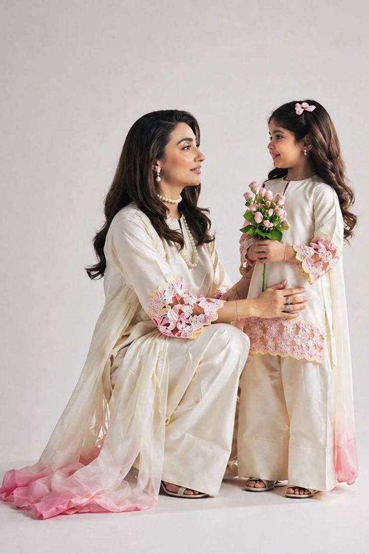 Mom-daughter combo: natural silk suit with moti hand work